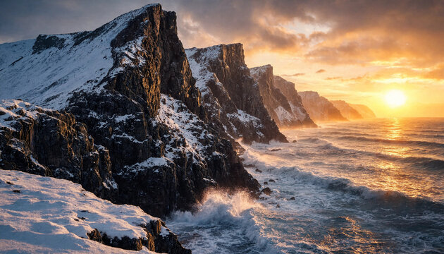 Jagged snowy cliffs meet the crashing ocean waves during a golden winter sunset.