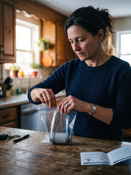 Woman seals a radon charcoal test kit canister in a plastic bag in her kitchen.