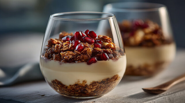 Creamy dessert parfait with granola layers and pomegranate garnish served in elegant glass
