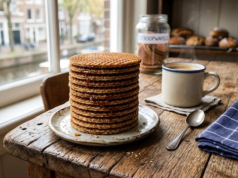 A tall stack of traditional Dutch syrup waffles served on a rustic wooden table with a warm cup of coffee by a canal side window