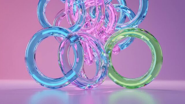 Interlocking glass rings in pastel colors on a reflective surface