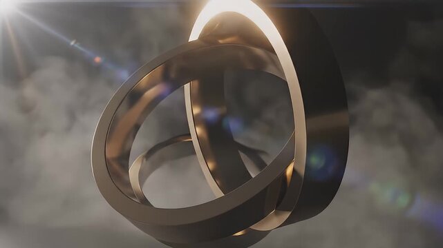 Interlocking metallic rings with glowing edges and light flares