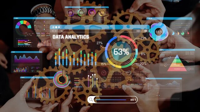 Hands Collaborating on Data Analytics with Gears and Visual Graphs Representing Information Technology and Metrics in a Modern Workspace Sigmoid
