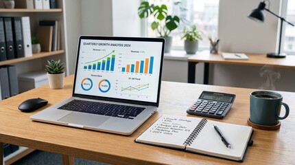 Fototapeta premium A professional workspace featuring a laptop displaying business growth charts, a calculator, a notebook, and a steaming cup of coffee on a desk.