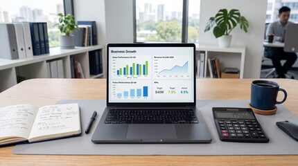 Fototapeta premium A modern office desk with a laptop displaying business analytics, growth charts, a notebook, calculator, and coffee mug in a bright workspace.