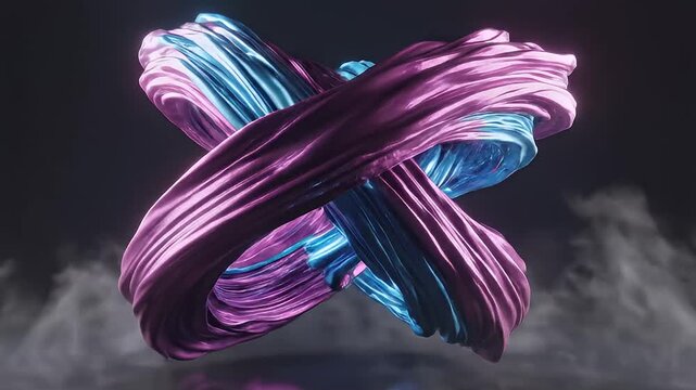 Intertwined pink and blue metallic ribbons form an abstract X shape against a dark smoky background