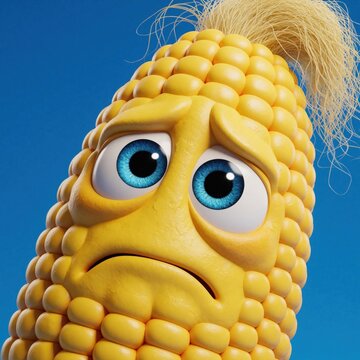 Sad corn character with big blue eyes and worried expression. Yellow corn cob has straw hair, isolated on simple blue backdrop. Food mascot looks unhappy, feeling distressed. Cartoon vegetable.