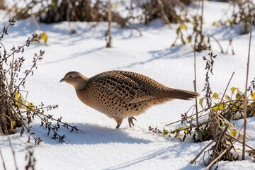 Obraz premium Female pheasant bird walks through deep white snow on winter field. Brown spotted plumage camouflages wild animal among dry stalks plants. Cold frosty weather brings sunlight over rural countryside