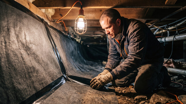 Professional contractor sealing a radon vapor barrier membrane in a crawlspace.