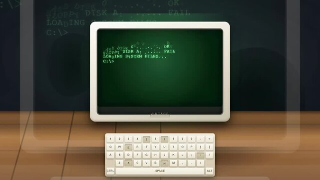 Retro Computer Monitor Typing Boot Sequence and Security Warning Message