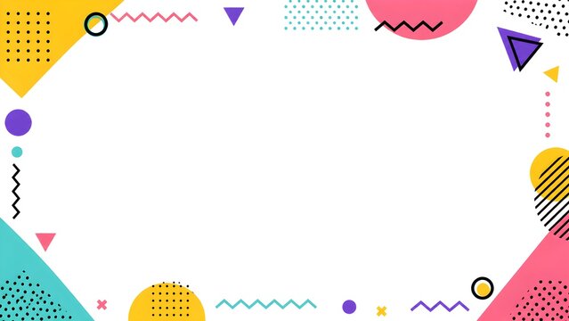 Colorful Memphis style border with playful geometric shapes, modern retro flat vector illustration with spacious copy space.
