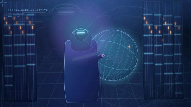 Futuristic Robed Figure Interacting with Glowing Holographic Globe in Digital Cyberspace