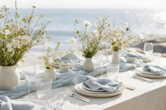 Light coastal wedding table with white flowers and blue linen by sea