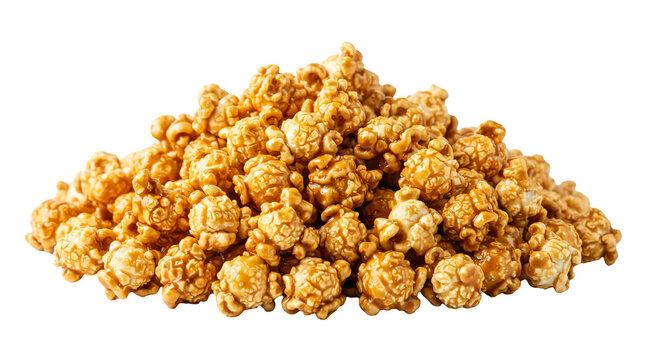 Golden caramel popcorn heap, sweet glazed toffee corn snack isolated on white, crunchy gourmet popcorn for movie night and dessert