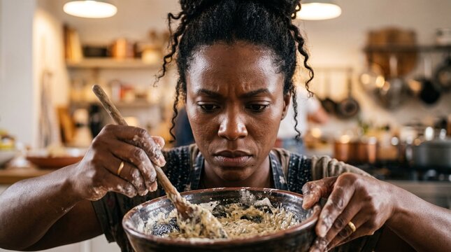 A focused woman intensely tastes her culinary creation, a look of deep concentration on her face as she evaluates the flavor.