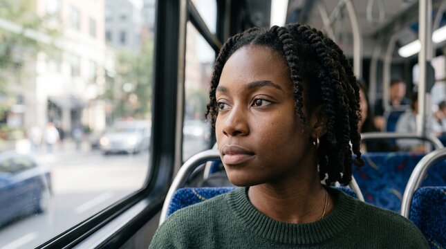 A young woman with braided hair gazes thoughtfully out the window of a moving bus, lost in her own world amidst the blurred cityscape passing by.
