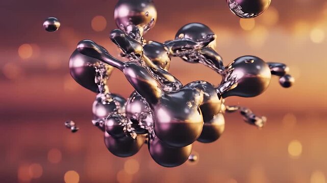 Liquid metal blobs with purple and gold reflections against a blurred background