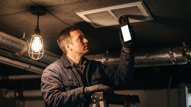 Professional HVAC technician using an anemometer to test ceiling vent airflow.