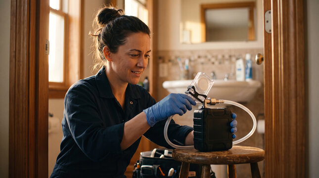 Female technician setting up mold air sampling pump cassette in bathroom.