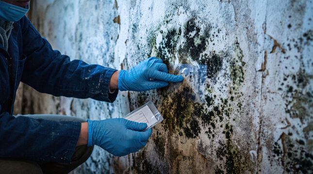 Professional inspector taking a tape lift mold sample from a damaged wall.