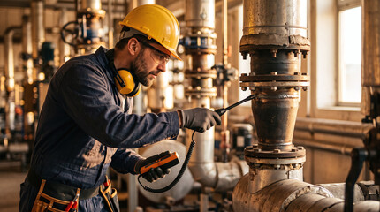 Fototapeta premium Technician inspecting a pipe joint with a gas leak detector wand in a plant.