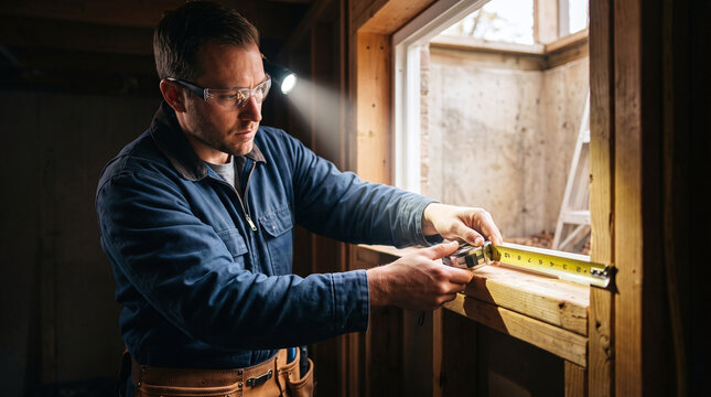 Professional builder measuring basement egress window frame with tape measure