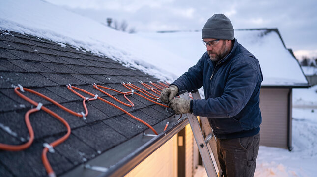 Man installing roof de-icing heat cables on house eaves to prevent ice dams.