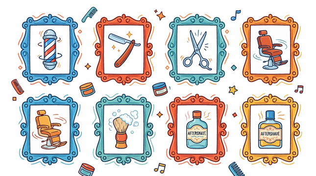 barber shop icons set with colorful frames