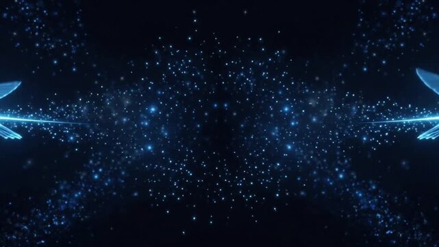 Glowing blue wireframe hummingbirds on dark starry background.