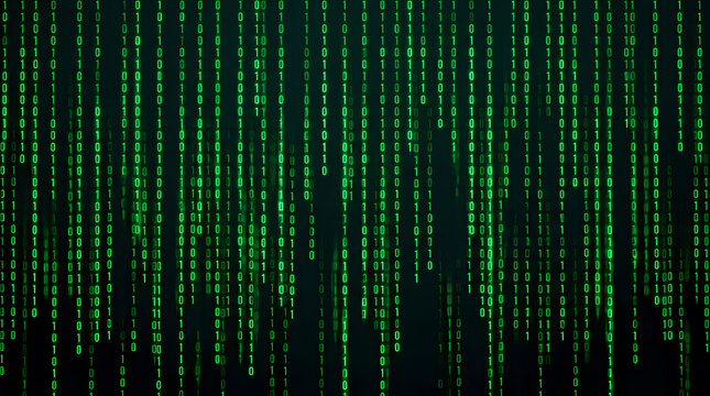 Digital matrix stream background with falling green binary code numbers on dark background, technology
