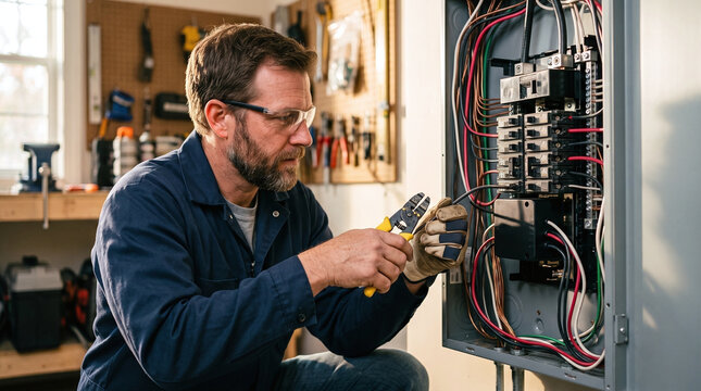 Professional electrician installing surge protector in home electrical panel.