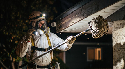 Naklejka premium Pest control technician removing a large wasp nest from a house eave at night