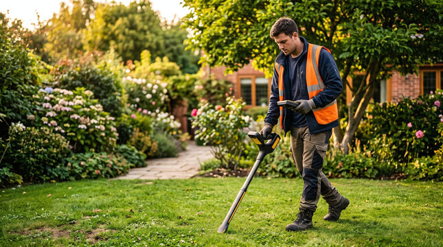 Technician using a buried utility locator wand to scan a green garden lawn.