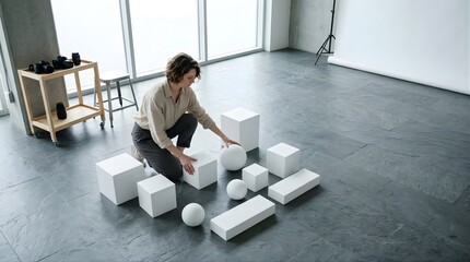 Fototapeta premium Creative photographer arranging white geometric shapes in studio interior