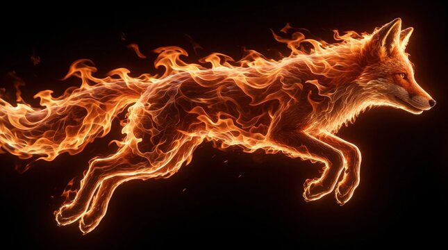 Fiery fox silhouette leaps with glowing orange flames against dark void. Energetic creature moves with speed, grace, symbolizing power, wild spirit. Dynamic inferno ignites mysterious nocturnal scene.