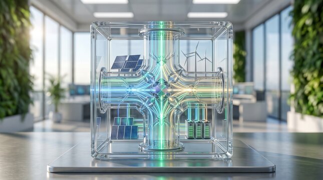 Futuristic glass cube containing renewable energy systems for sustainable power