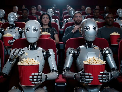 Robots and people watch movie eating popcorn in dark cinema theater. Futuristic cyborgs sit in red seats enjoying film. Technology fusion amusement leisure concept.