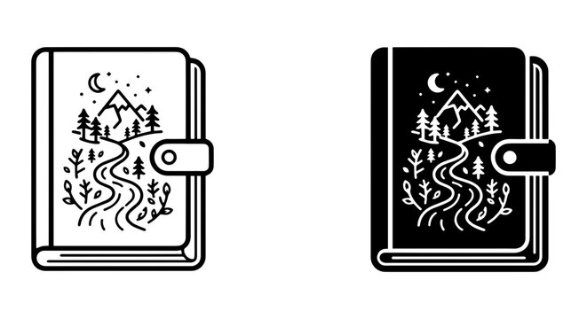 Adventure Journal Vector Icons, Nature Landscape Diary Art, Mountain Road Travel Notebook Graphics
