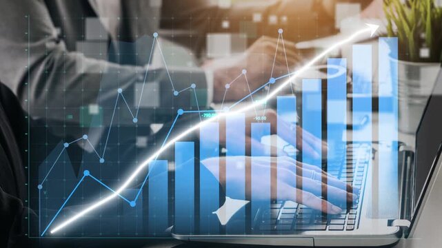 A modern office scene showcasing a business professional analyzing data on a laptop. Visual elements include financial graphs, charts, and trends representing growth and performance. Copula