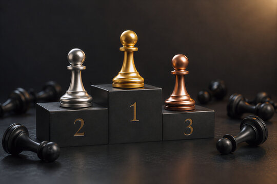 Chess pawns on winners podium with leadership and success concept