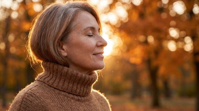 Mature woman with eyes closed enjoying golden hour sunlight in autumn park representing peaceful aging, mindfulness and mental wellness