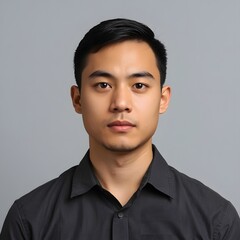 Obraz premium Portrait of a young Asian man. Handsome guy with short hair posing against grey background.