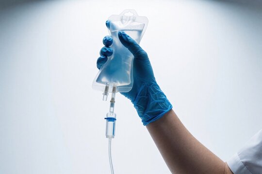 Medical nurse in blue latex gloves holds plastic bag with intravenous saline solution. Healthcare pro prepares drip therapy for patient in hospital clinic. Transparent fluid pouch connects to tubing