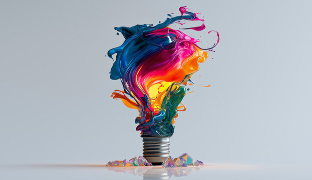 Abstract lightbulb bursting with creative colorful liquid art