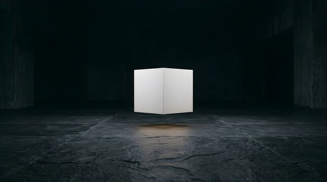 Floating white cube glowing above a dark textured floor in a studio