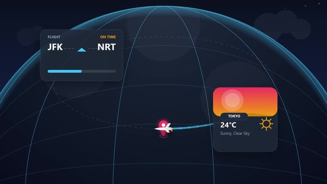 Digital illustration of an airplane flight path from New York to Tokyo on a globe.