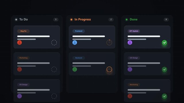 Digital kanban board interface with task management columns on a dark background.