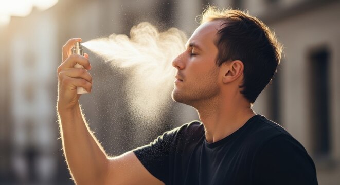 Man Spraying Refreshing Facial Mist or Sunscreen on Face in Golden Hour Sunlight