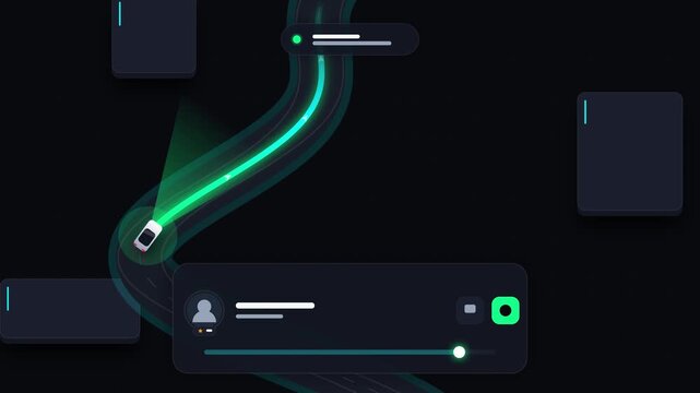 Abstract digital illustration of an autonomous vehicle navigating a futuristic road with data interface elements.