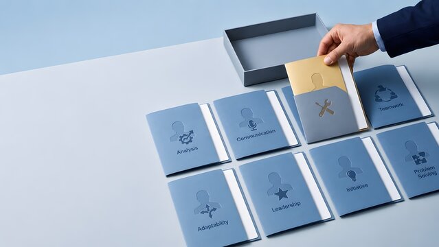 Talent acquisition and candidate selection concept showing hand choosing golden standout employee folder among blue skill files